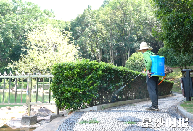 在长沙县特立公园，园林工人姜寿良就水体周边进行重点消杀。