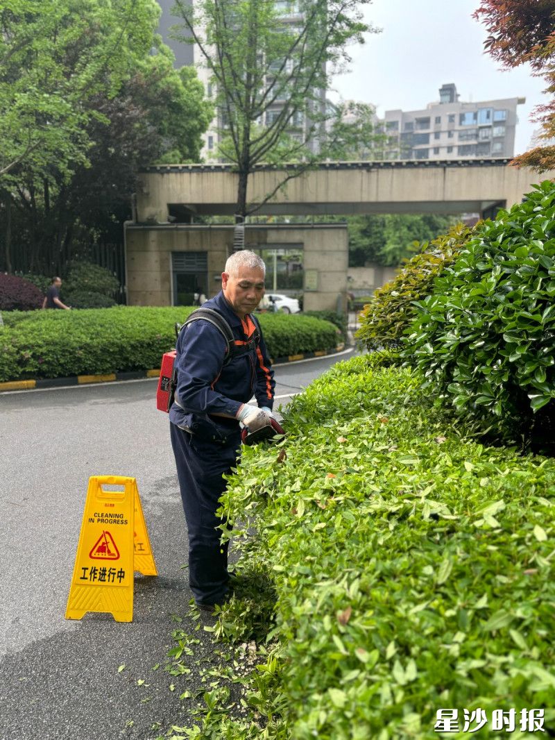 上海永升物业管理有限公司长沙分公司绿化员张华新--使用绿篱机对南门绿篱灌木进行修剪作业，保持整齐美观的造型，同时促进灌木健康生长。